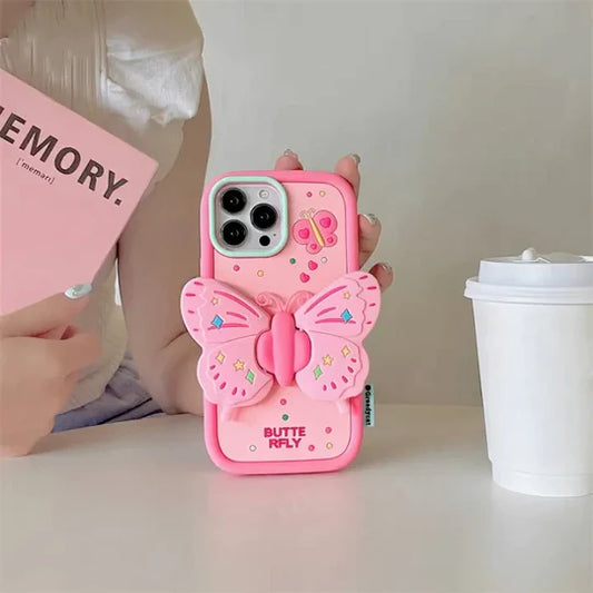 3D Pink Butterfly iPhone Case – Soft Silicone Back Cover for iPhone 13/14/15